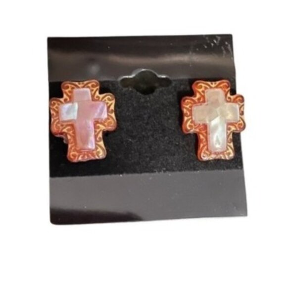 Cross-Shaped Abalone Inlay Stud Earrings With Gold Tone Accents L1 x W 0.5 Inch - Picture 1 of 4